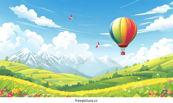 Hot Air Balloon Flying Over Green Hills and Mountains