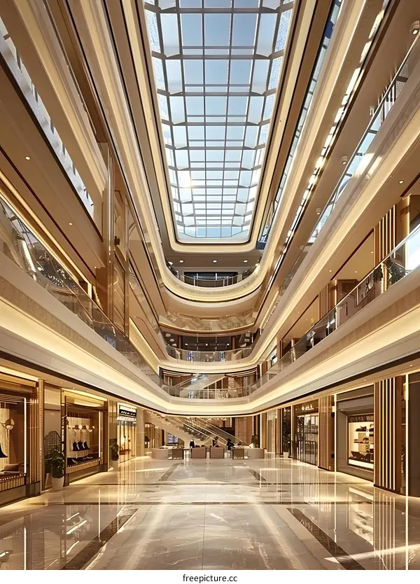 Modern Luxury Shopping Mall Interior with Glass Skylight