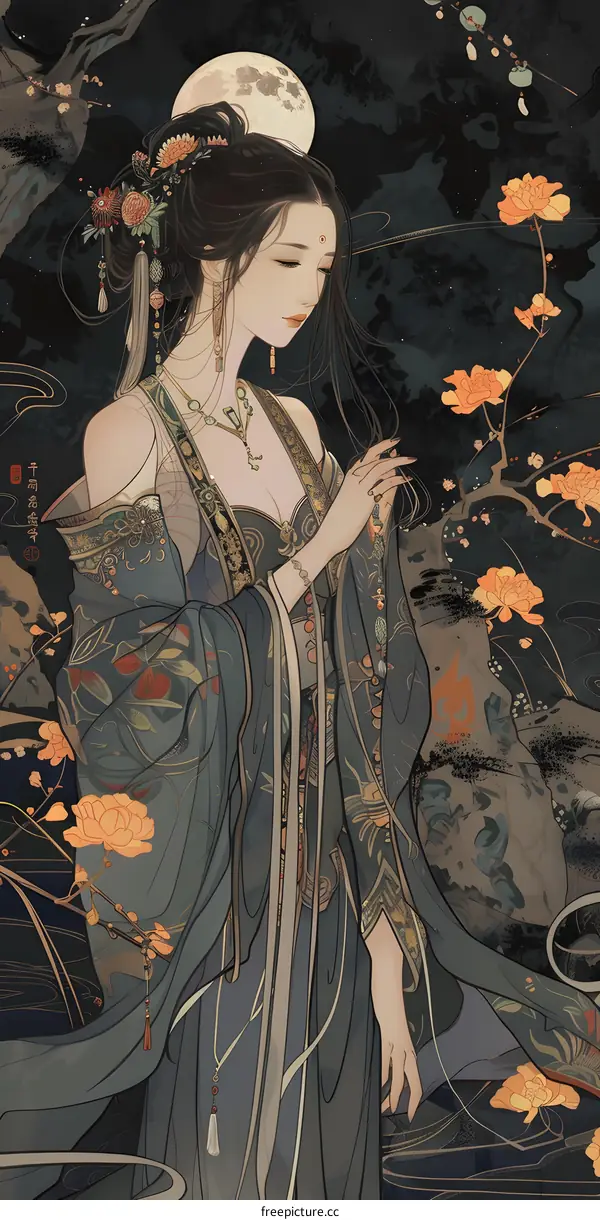Chinese Woman in Traditional Dress Under the Moon