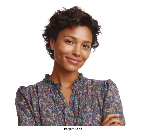 [Transparent Background PNG]Portrait of a Woman with a Floral Print Blouse