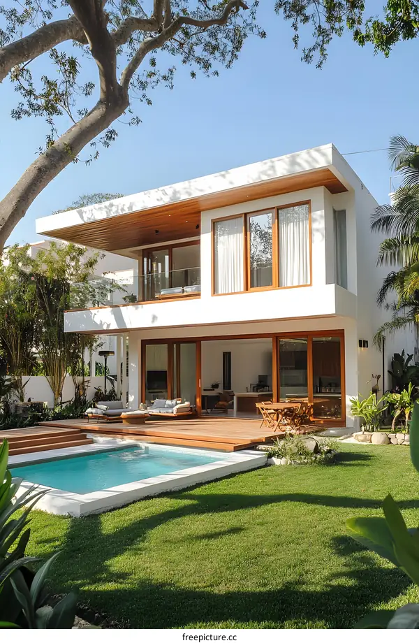 Modern White House with Swimming Pool and Landscaping