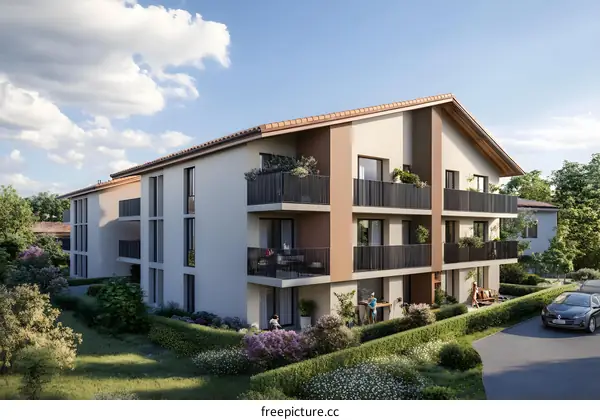 Modern Apartment Building with Balconies and Landscaping