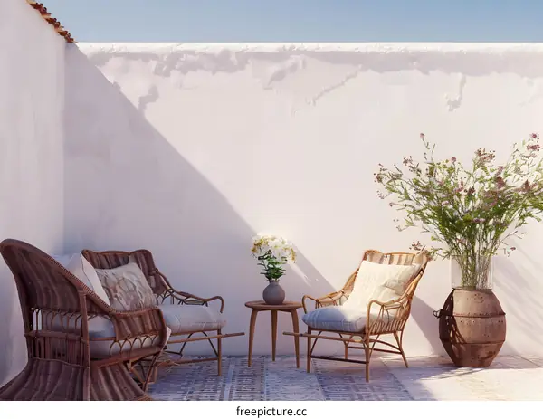 Minimalist Patio With White Walls, Wicker Chairs, And Plants