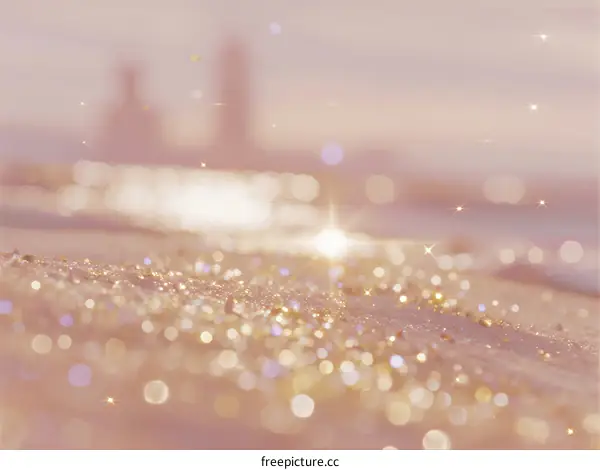 Golden Sparkles on Beach Sand at Sunset with Soft Background