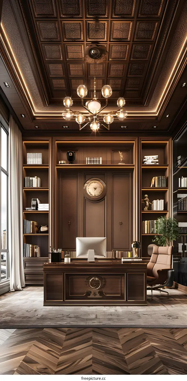 Luxury home office interior design with wood paneling and furniture