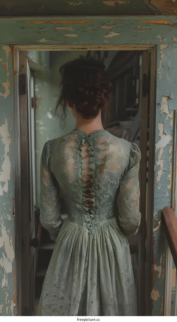 woman in green dress with vintage door