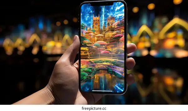 A hand holding a smartphone displaying a vibrant city.