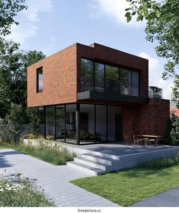 Modern Brick House with Balcony and Patio