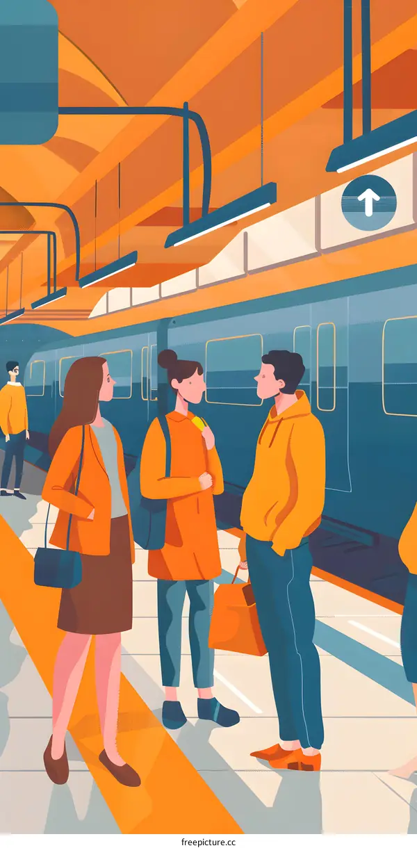 Three People Waiting For Train At Subway Station