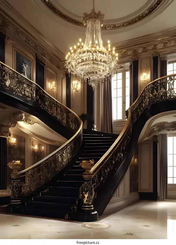 Grand Staircase in Luxury Mansion with Crystal Chandelier
