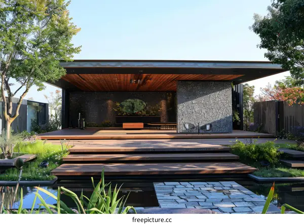 Modern Backyard Pavilion With Deck and Stone Wall