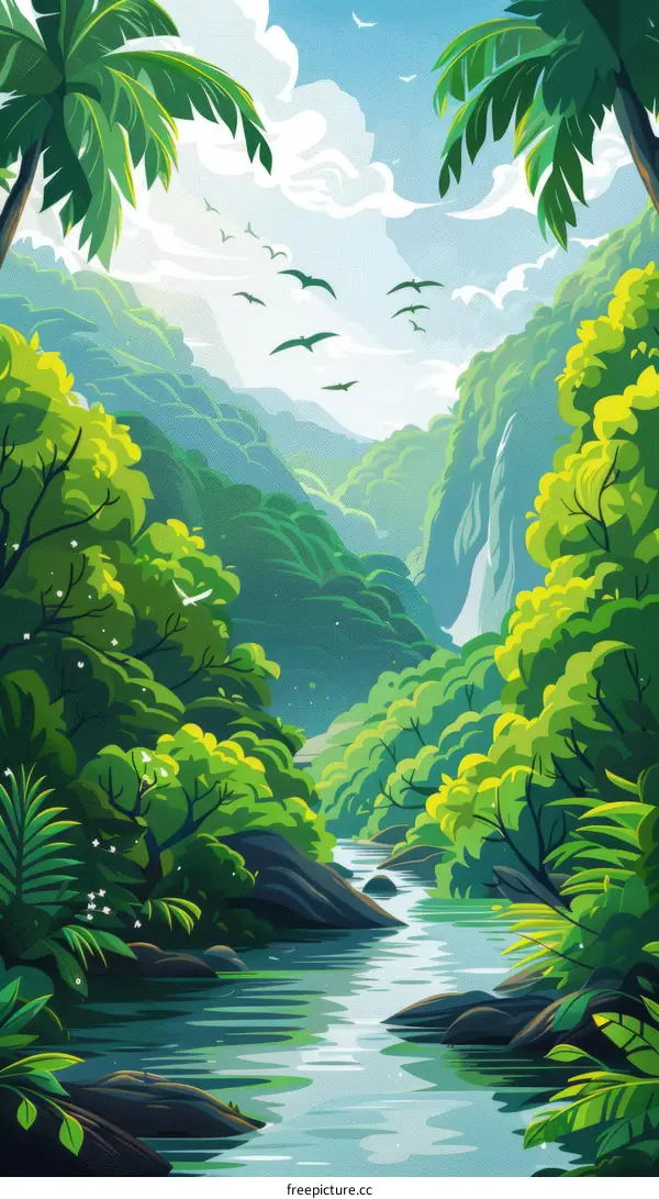 Lush Tropical Rainforest Landscape Illustration