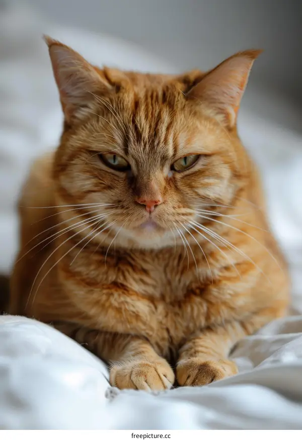 A ginger cat is sitting on a white blanket