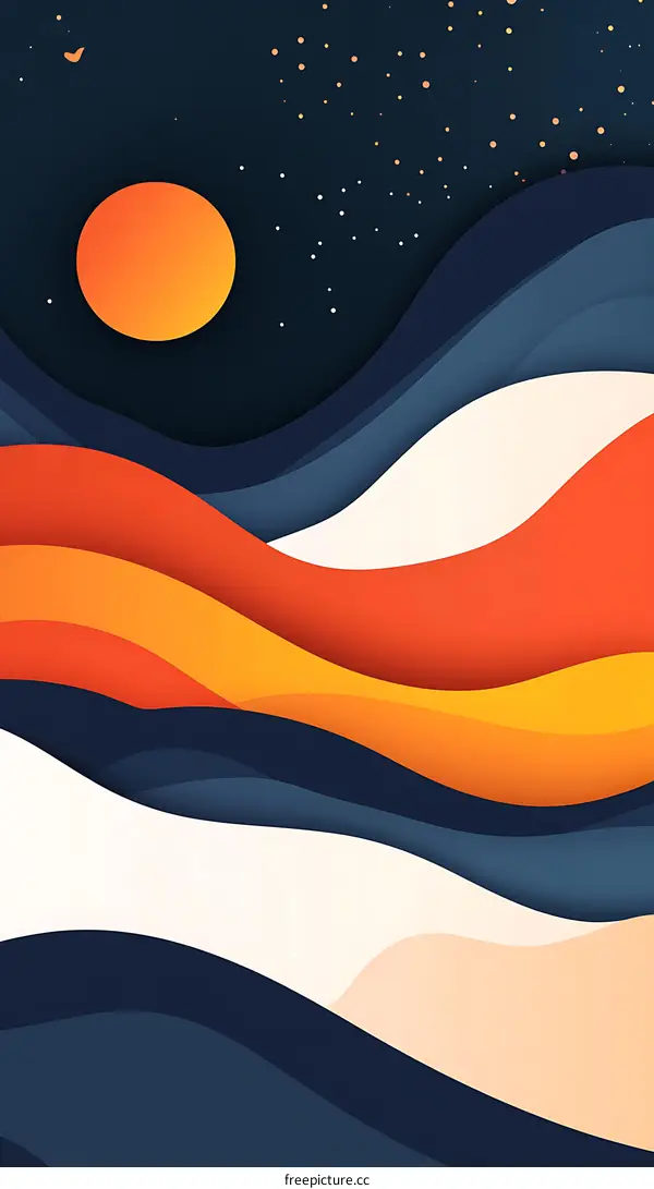 Abstract Minimalist Wavy Pattern with Sun and Stars
