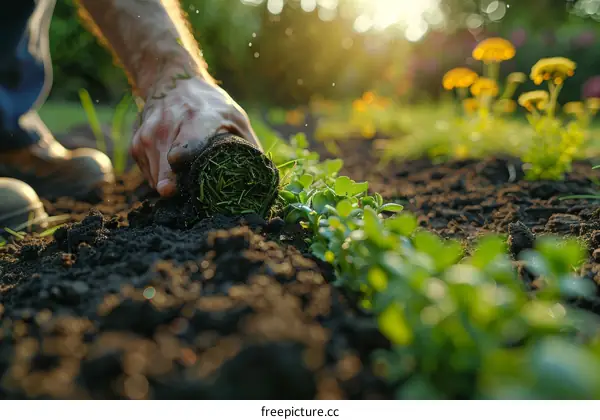 gardening and planting grass rolls in the garden