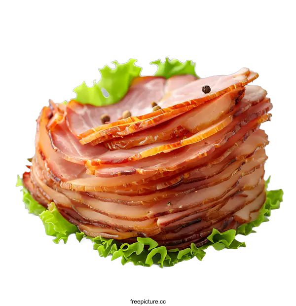 [Transparent Background PNG]Sliced Smoked Ham on Lettuce