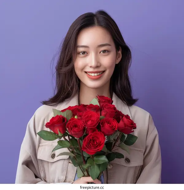 Asian woman holding a bouquet of red roses and smiling