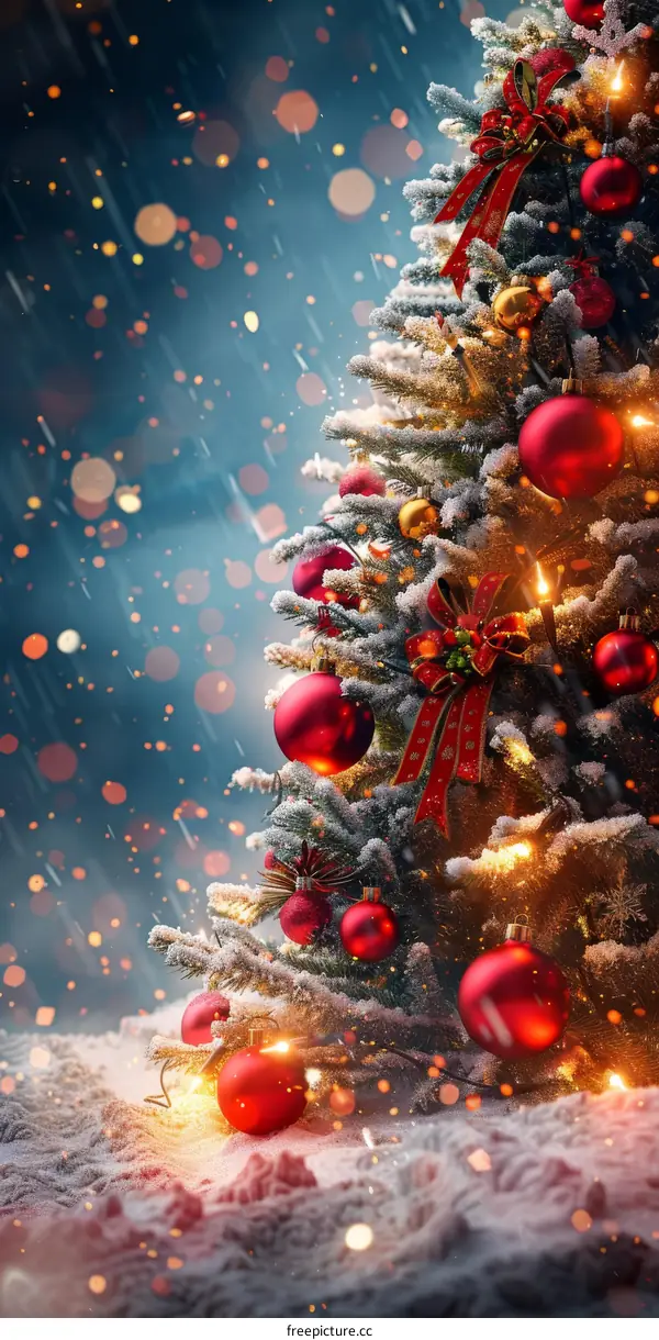 Christmas tree adorned with red ornaments and lights