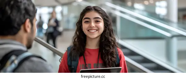 Smiling Girl With Long Hair Holding Tablet In Hand In A Modern Building