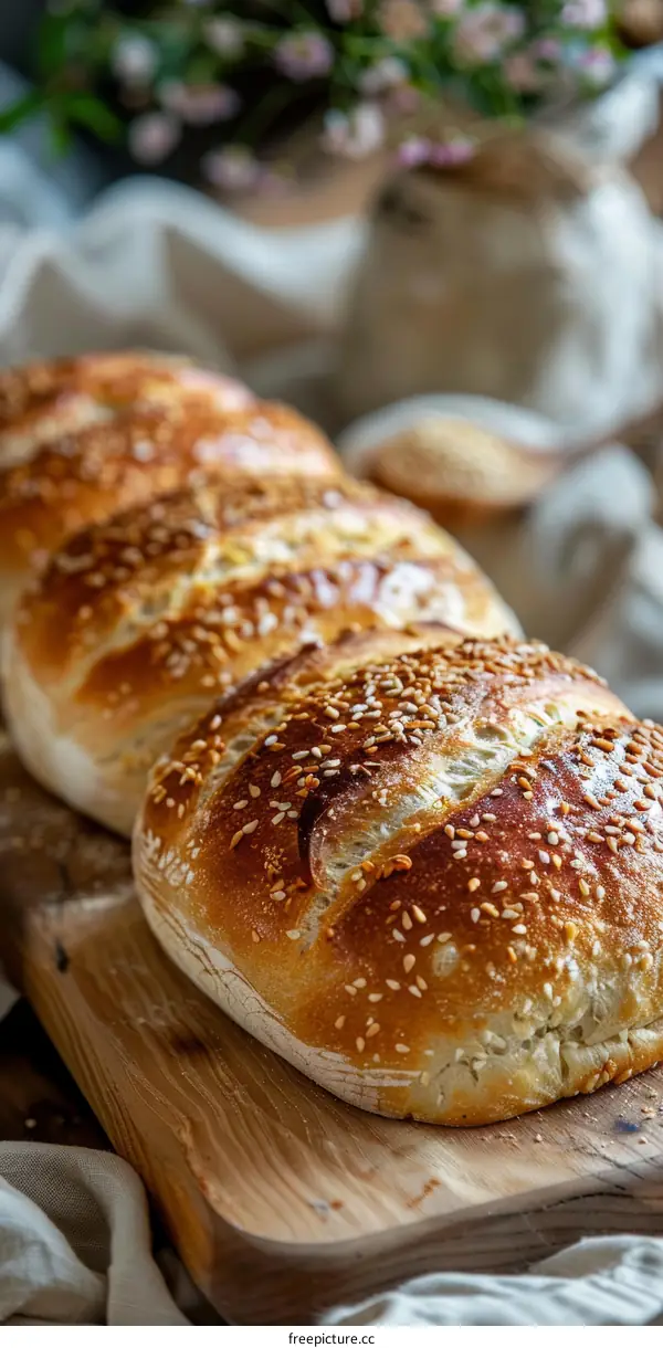 Freshly Baked Sesame Seed Loaf on Rustic Wooden Board
