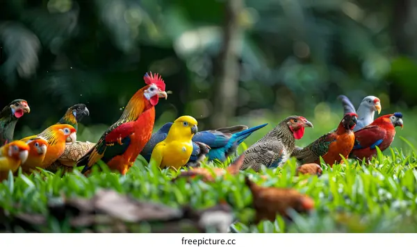 A group of colorful birds in the forest