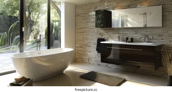 Modern Bathroom Design with Natural Stone Wall