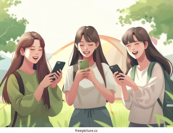 Three young women looking at their phones while camping
