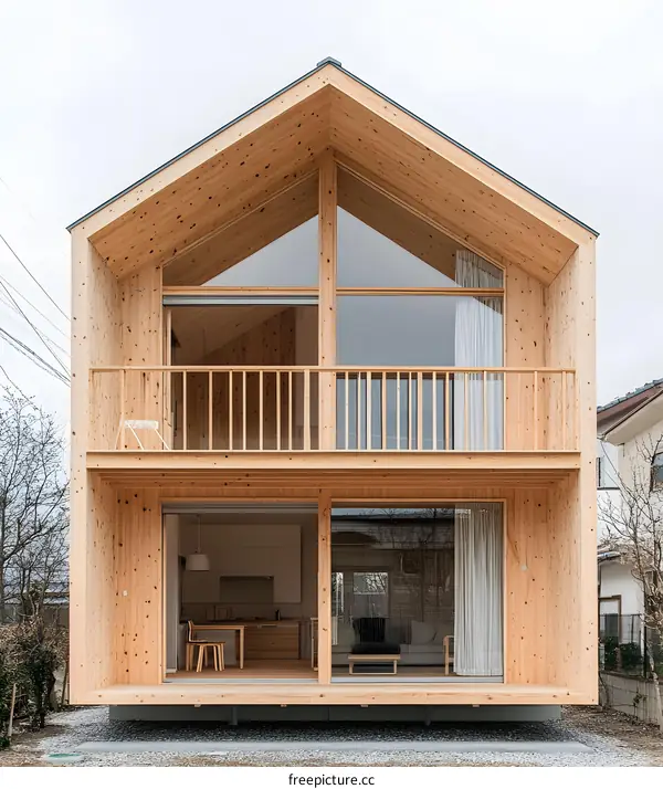 Modern Wooden House with Large Windows and Balcony