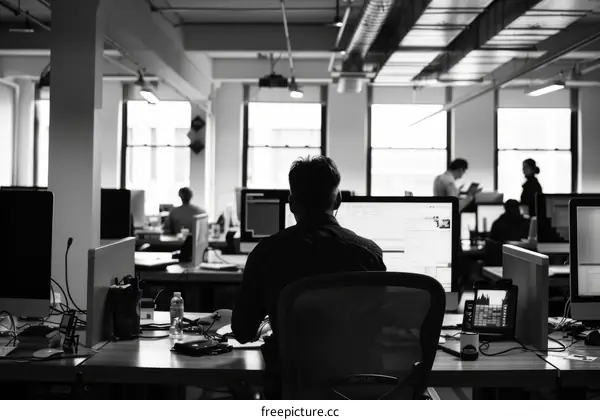 grayscale photo of a man sitting in an office cubicle