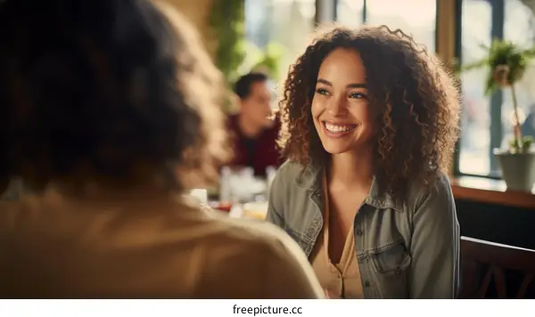 A young woman is talking to her friend in a restaurant