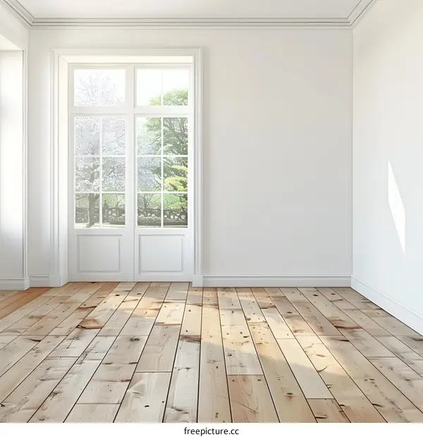 Empty White Room With Wooden Floor And Window