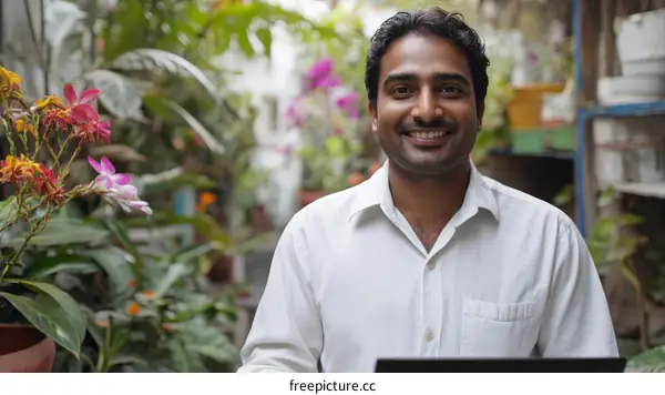 Smiling Man with Laptop in Greenhouse