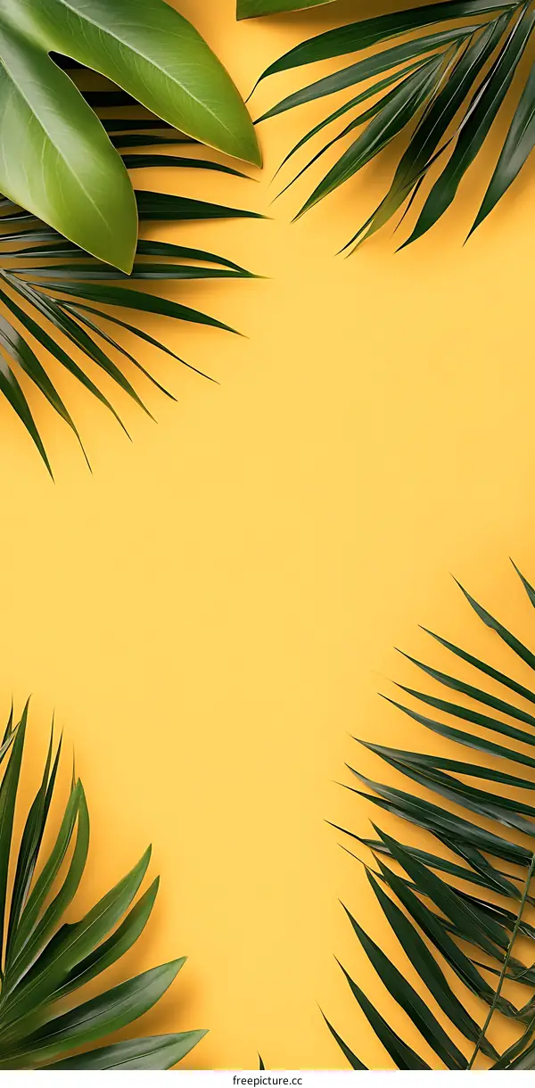 Tropical Palm Leaves on Yellow Background