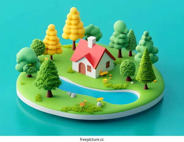 3D Cartoon Illustration of a House in a Green Forest