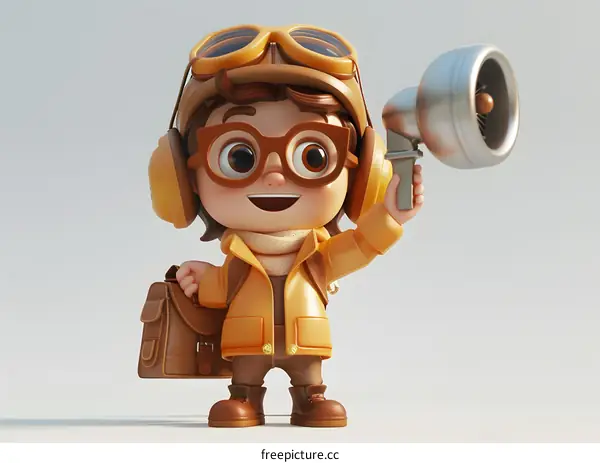 Cute Cartoon Pilot Character Holding Airplane Propeller