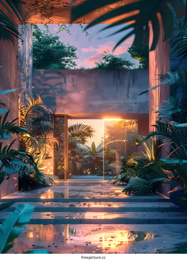 The entrance of the house is surrounded by green plants