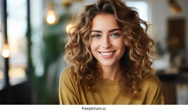 portrait of a smiling young woman with curly hair