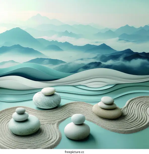 Blue and White Zen Garden with Stone Cairns and Mountains in the Background