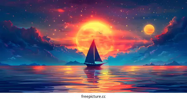 A boat floating on the sea under a setting sun and a rising moon.