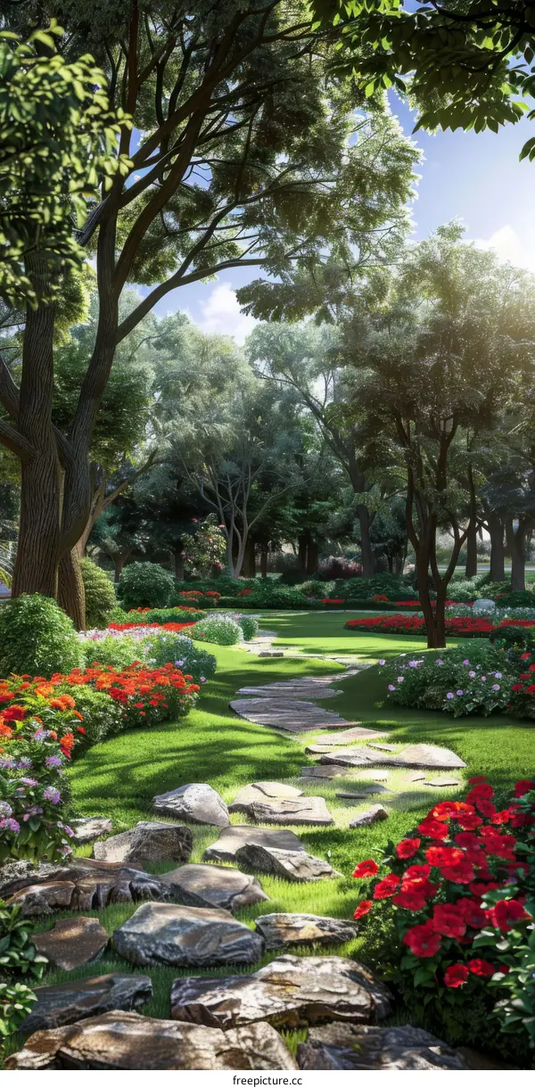 Stone Path Through Lush Garden