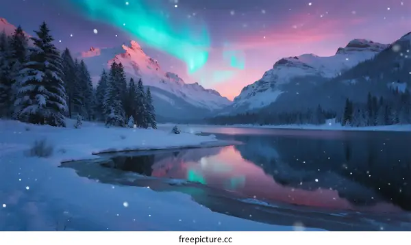 Aurora Borealis Lighting Up Snowy Mountain Lake At Night