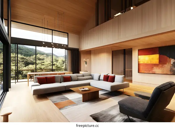 Modern Living Room Interior Design with Wooden Walls and a Large Window with View of Forest