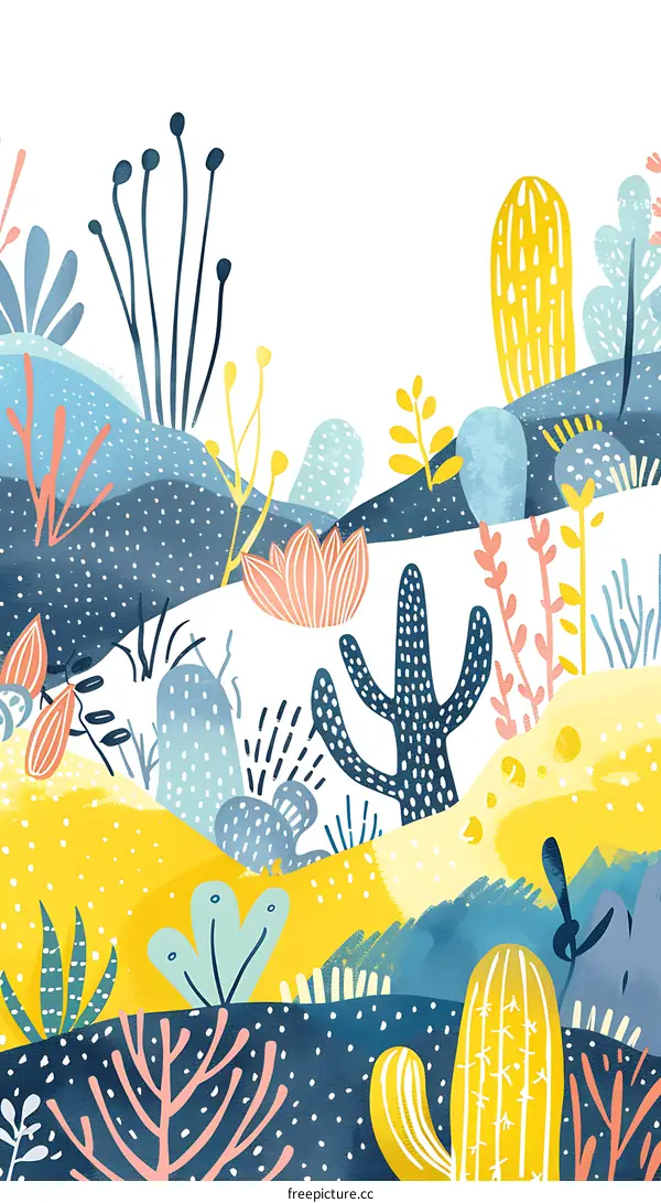 Colorful Illustration of Desert Landscape with Cactus and Plants