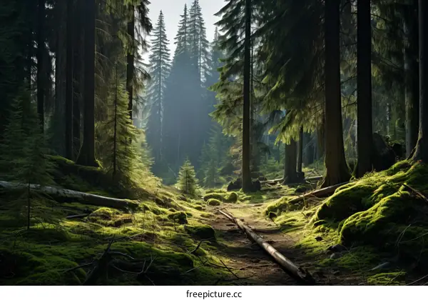 The sun shines through the tall pine trees in the forest