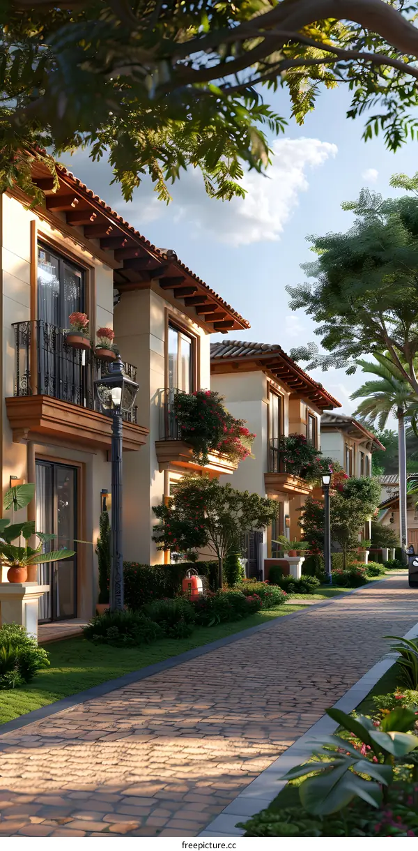 European style townhouses with beautiful landscaping