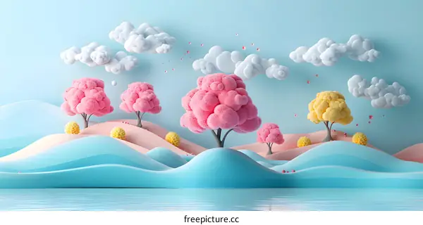 Pink and yellow fluffy trees stand on blue rolling hills against a pale blue sky with white clouds.