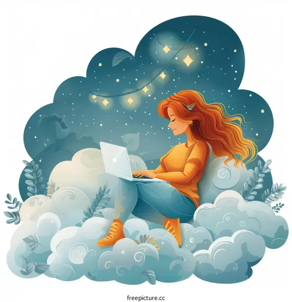 redhead woman sitting on a cloud using laptop