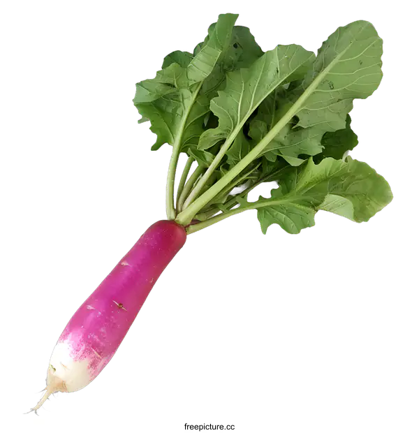 [Transparent Background PNG]Fresh Purple Radish with Green Leaves on White Background