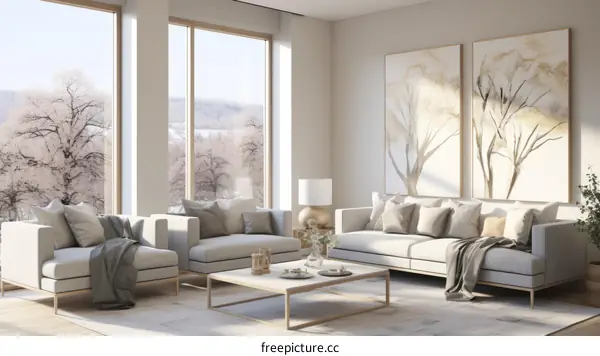 Modern living room interior design with large windows and white walls