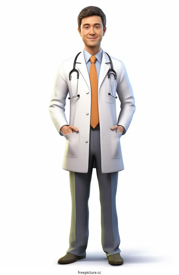 A male doctor in a white coat and orange tie